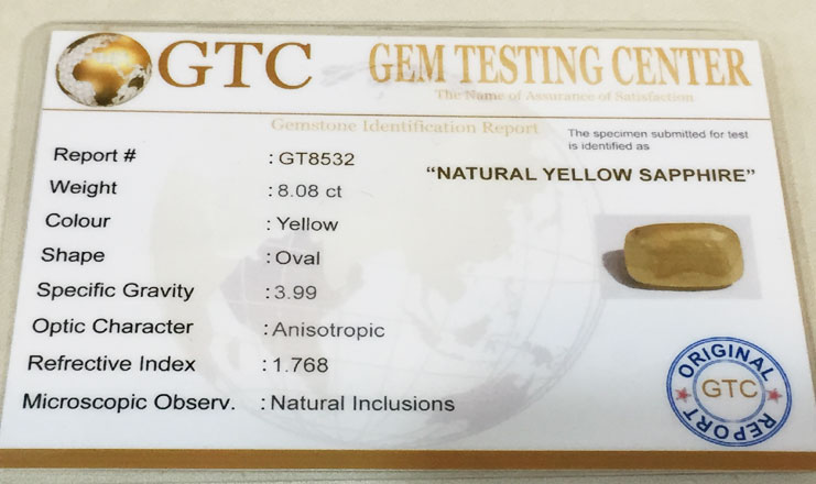8.08 ct/9.00 ratti Natural Certified Ceylon Pukhraj/Yellow Sapphire